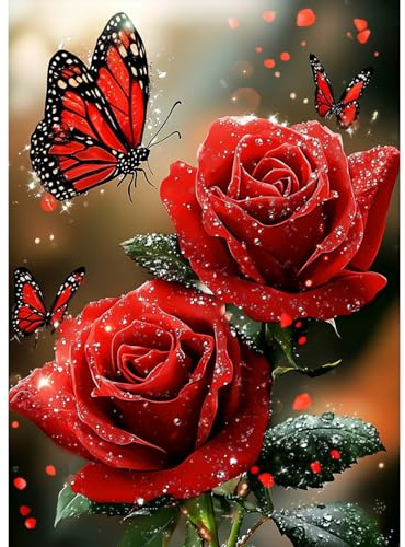 MAXBYE Rote Rose Diamond Painting Art Kits für Erwachsene, Schmetterling Diamond Kunst Komplett Set DIY Gem Kunsthandwerk Für Anfänger, 5D Diamant Bilder Kristall Kreuzstich Home Wall Decor 30x40cm