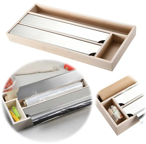 LS-LebenStil 4-Fach Holz Folienspender FSC Bambus Hell Braun Schubladen Alufolienspender Folienschneider Alufolie Alufolien-Spender Frischhaltefolie Folienabroller