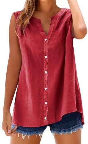Camisa sin Manga Mujer Algodón Lino Verano Camisetas de Tirantes Blusa Moda Color sólido Casual Chaleco Ligero Transpirable Tank Tops Cuello en V Botones Fiesta Playa Camisa Suelto tee 2025