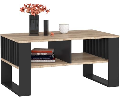 AKORD | Tavolino da Salotto in Legno - ROCKFORD | Tavolo da Caffè con gambe un Ripiano | Coffee Table | Tavolini Basso Moderno | Arredamento Casa | 92 x 45 x 53 cm | Quercia Sonoma & Nero