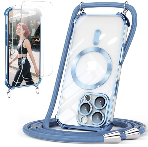 GOODVISH Handykette für iPhone 16 Pro Max Hülle mit Band Magnetisch, Blau | mit 2 Stück Schutzfolie, mit Kamera Schutz, Necklace Handyhülle mit kette für 16 ProMax 6,9, Transparent 360° Schutz Case