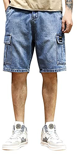 Richymfa Pantaloncini Cargo Corti da Lavoro Jeans Uomo Elasticizzati Pantaloncino Denim Estivi Baggy Jeans Corti con Tasconi Laterali Bermuda Shorts Casual Pantaloni da Danza Hip Hop Skateboard