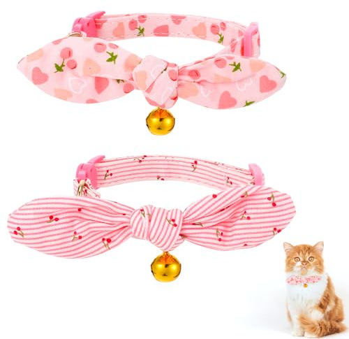 2 Stück Halsband Katze, Cat Collar Handgebundener Schleife mit Abnehmbarer, Kätzchenhalsbänder mit Schnellverschluss Und Glocke, Blumendruck, Rosa