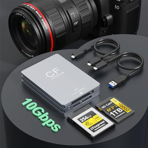 Dual-Slot CFexpress Typ B und SD Kartenleser, 10Gbps CF Express Kartenleser mit USB 3.1 Gen 2 Ultra Übertragungsgeschwindigkeit, CFexpress Typ B/SD Kartenadapter mit USB C zu USBC/USBA Kabel