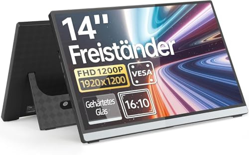 Intehill Tragbarer Monitor 14 Zoll 1200P, 16:10,Mit Vollflächigem Gehärtetem Glas,USB-C & HDMI Externes Display mit Lautsprechern & Ständer, Reisemonitor Zweitbildschirm für Laptop (F14ZA)