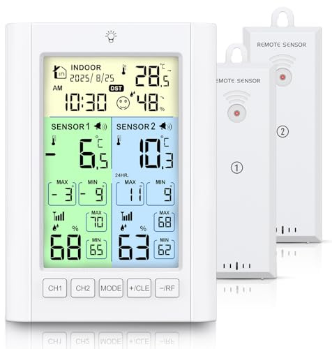 Brifit Kühlschrank Thermometer mit 2 Sensoren, Digitale Gefrierschrank Thermometer mit Temperatur Alarm, Farbdisplay, Hintergrundlicht, Max/Min, DST, Zeit Kalender, ℃/℉, Dual-Power-Modus für Familie