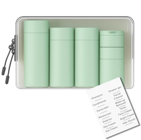 5 Botes para gel y champu con neceser, botes viaje rellenables 100ml, neceser viaje avion y botes champu viaje de plástico a prueba de fugas para gel, champú y lociones (Verdoso)