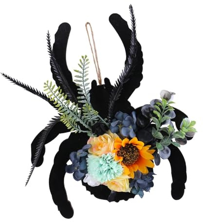 Corona en forma de arácnido con flor artificial y hoja para decoración interior y exterior, adorno colgante de puerta de Halloween, poliéster