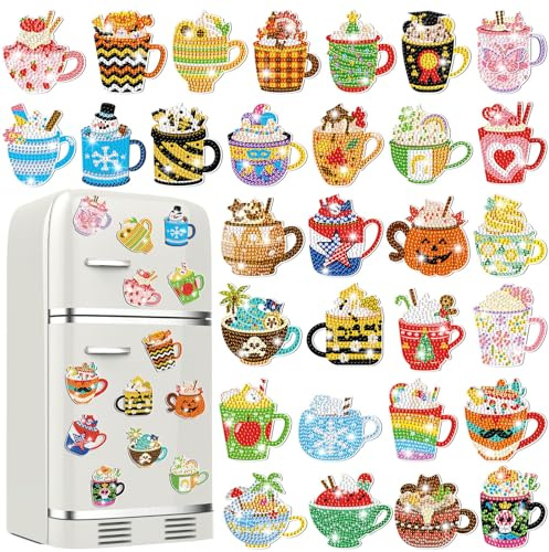 Liliaafar 30 Pcs Diamond Painting Magnets Set Diamond Art Magnets for Fridge Refrigerator Magnetic Stickers for DIY Crafts 5d Rhinestones Gem Art Painting Kits for Adults Beginners(Coffee Cup)