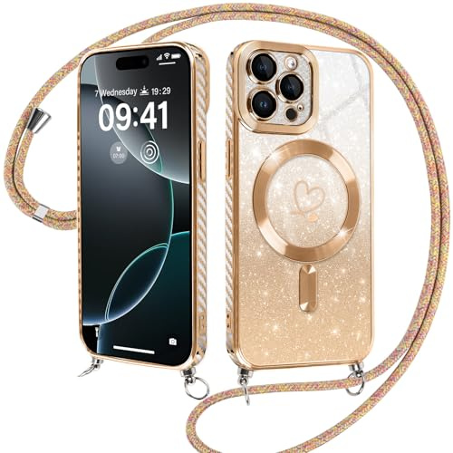ZhuoFan Magnetisch Handyhülle für iPhone 15 Pro 6,1 mit Kette, Glitzer Verlauf Handyband Cover Kompatibel mit Magsafe Transparent Aesthetic Herz Motiv Kameraschutz mit Kordel zum umhängen, Gold