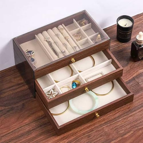 HAOWYYUU Schmuckkästchen Damen, Schmuckkasten Groß mit 3 Schmuckaufbewahrung Schubladen & Durchsichtige Fenster, Schmuckbox für Ohrringe Armbänder Halsketten Ring