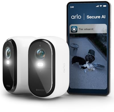 Arlo Essential 3 HD Akku Überwachungskamera Aussen WLAN, Kabellos, 1080p Video, Farbnachtsicht, Licht, Bewegungsmelder, Sirene, 2-Wege Audio, Smart Home Secure Plan Testzeitraum, 2er Set