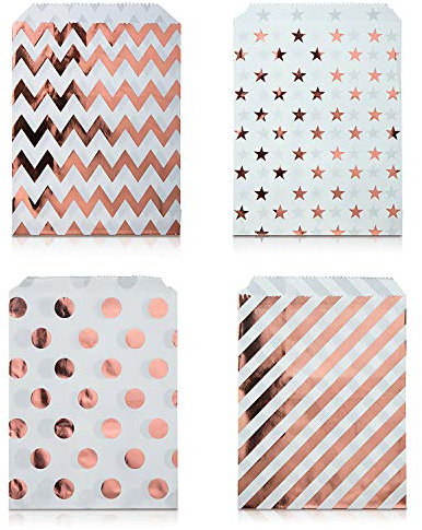 Czemo 100 Stück Papiertüten Candy Bar Tüten/Geschenktüten/Süssigkeiten Beutel/Bonbon Taschen 4 Verschiedene Designs 18 x 13CM Roségold Candy Bar Zubehör