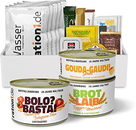 ration1 EPa Nudeln mit Bolognese Soße, laktosefrei, Premium Tagesration, Einmannpackung wie EPA Bundeswehr, Konserven (Fertiggericht, Gouda, Dosenbrot) & Wasser 10 Jahre haltbar, Notfallnahrung