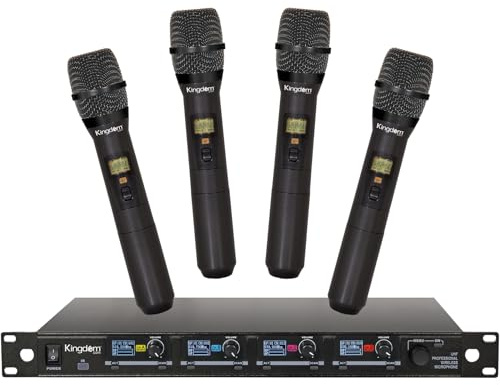Kingdom SYSV52 1000 Channel UHF 4 Handheld V5 Wireless Microphone System with Individual Volume Control and is Designed for Operation Within 200 Feet of The Receiver