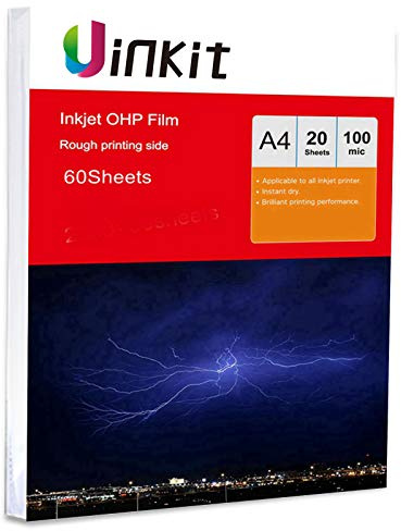 A4 OHP Film for Inkjet Printer - 60sheets Overhead Project Film Transparency Sheets Film with White Stripe Uinkit