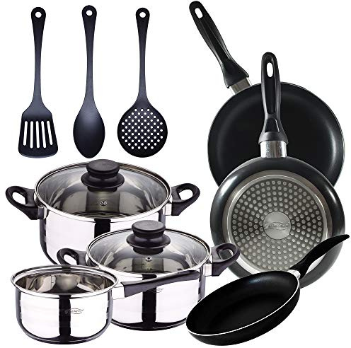 San Ignacio Batería de cocina 5 piezas acero inoxidable y 3pcs Utensilios de cocina y Set 3pcs sartenes 16/20/24 cms, negro, aluminio prensado, inducción