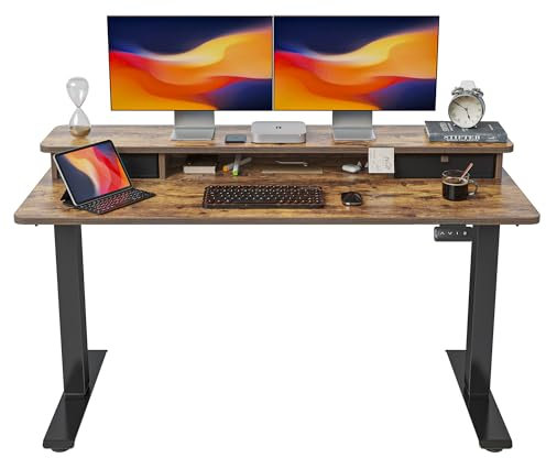 FEZIBO Height Adjustable Electric Standing Desk with Double Drawer, 140 * 60cm Stand Up Table with Storage Shelf, Sit Stand Desk with Splice Board, Black Frame/Rustic Brown Top