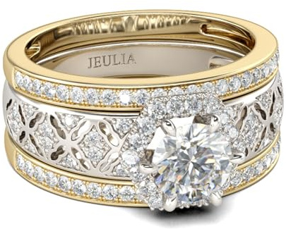 Jeulia Diamant Band Ringe Dame Sterling Silber Ring Vintage Halo Rundschliff Hochzeitring Verlobung Jahrestag Versprechen Braut Sets Ring für Frauen und Mädchen Mit Geschenkbox (Golden, 60(19.1))
