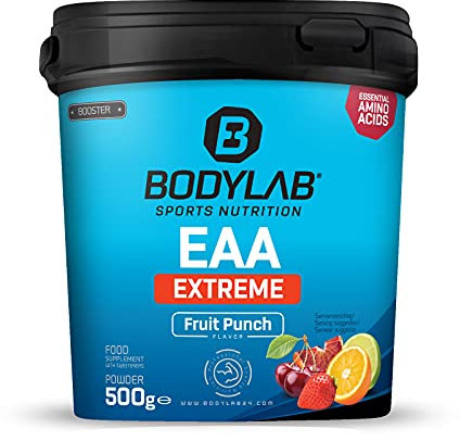 Bodylab24 EAA Extreme 500g, Essentielle Aminosäuren angereichert mit 1,5g Glutamin, 1g Alanin und den Vitaminen B6 und B3 als fruchtiges Getränk für Regeneration und Muskelaufbau, Fruchtmix