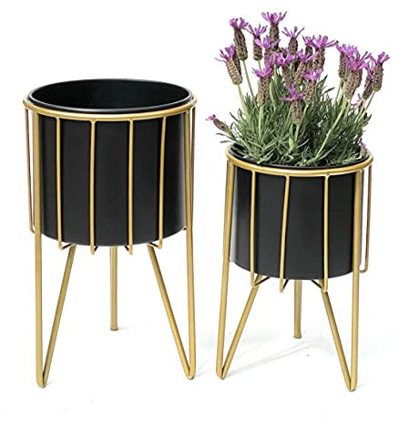 DanDiBo Blumenhocker mit Topf Metall Gold Schwarz Rund 2er Set Blumenständer 96039 Blumensäule Modern Pflanzenständer Pflanzenhocker