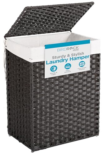 BIRDROCK HOME Single Laundry Hamper with Lid - Brown - Liner Bag - Hand Woven - Small Collapsible Hampers - Foldable Bin - Synthetic PE Rattan - Hand Woven - Clothes Basket