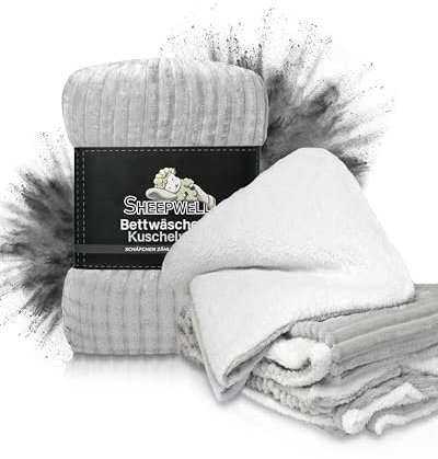 Sheepwell® Flauschige Plüsch Bettwäsche grau weiß Bettwäsche 135x200, Kissenbezug 80x80 Winterbettwäsche, Kinderbettwäsche, Fellbettwäsche kuschelig warm, Flanell, kuschelweich, bügelfrei …