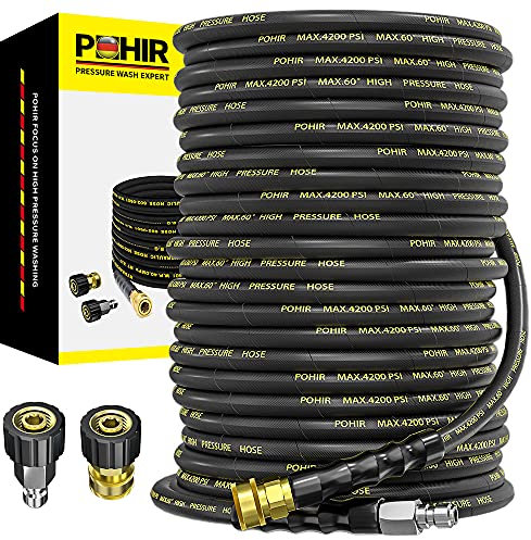 POHIR Hochdruckreiniger-Schlauch, 3.9 m mit 3/8 Zoll Schnellverbindung, hochfester Drahtgeflecht-Power-Waschwasserschlauch mit 2 Schnellverbindungs-Kits, Schlauch für Hochdruckreiniger, 4200 PSI