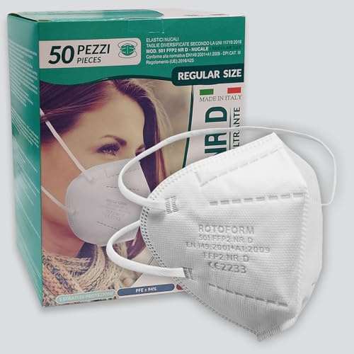 Rotoform Mascherine FFP2 NR D NUCALI, 50pz, elastici dietro la nuca | Made in Italy, Certificate CE 2233, 5 Strati, Produzione Italiana, DPI III Categoria