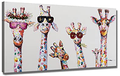 ZHONGYUTONG Graffiti Leinwand Kunstdruck mit Rahmen Giraffe Familie mit Brille Wanddekoration Buntes Tier Bild Poster Lustige Gemälde für Kinderzimmer (40x80cm)