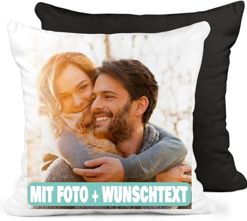 Manevito Personalisiertes Kissen mit Foto & Text 40 x 40cm - Kissen mit Foto selbst gestalten - Fotokissen mit Druck und Wunschtext weiß-schwarz