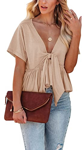 Fanway&EC Women's Short Sleeve V Neck Blouses Ruffle Hem Tie Front Crop Tops Lightweight Basic Summer Tops (Apricot, Small)