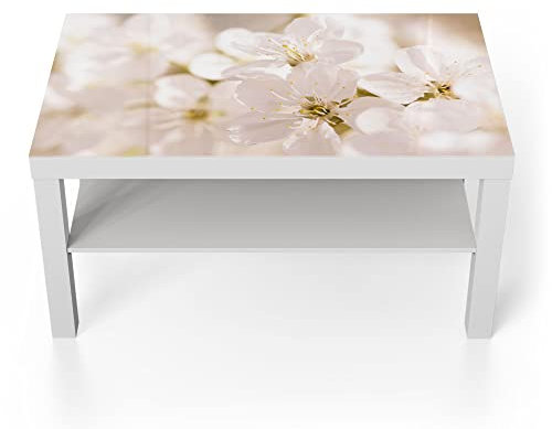 DEQORI Mesa de cristal | blanco grande 90 x 50 cm | diseño de flores de cerezo abiertas | elegante mesa auxiliar de cristal | mesa de centro brillante para el salón | moderna mesa de sofá con diseño