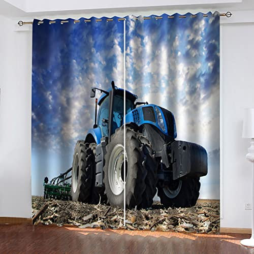 HOUKAI Gardinen Kurz Wohnzimmer 2 Er Set 140x200Cm 3D Blauer Traktor Vorhang Verdunkelung Mit Ösen Für Schlafzimmer Wohnzimmer Kinderzimmer, Blickdicht Vorhänge Verdunkelungsvorhang Mit Muster