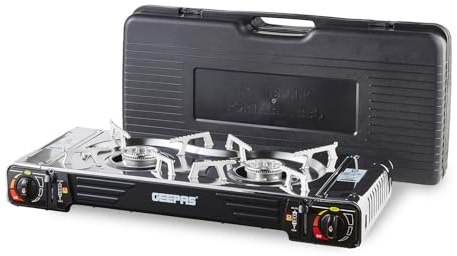 GEEPAS Portable Camping Gas Stove Double Burner BBQ Cooker Carry Case