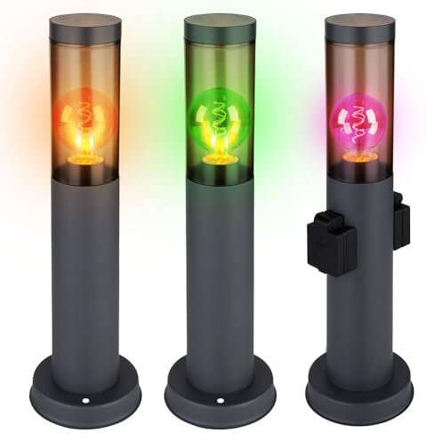 Stehleuchte mit Steckdose anthrazit Sockelleuchte Edelstahl Steckdosensäule mit Licht, rauch, App Steuerung, 1x Smart RGB LED 10W 806Lm, DxH 7,6x45 cm, 3er Set