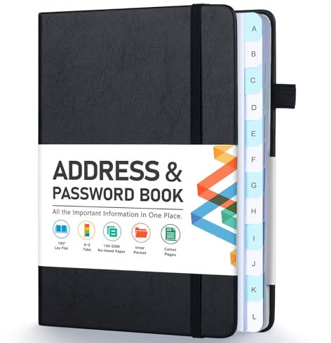 Adressbuch, Adress- und Passwortbuch mit alphabetischen Registern, Hardcover-Telefonbuch, Adress-Organizer, Aufzeichnung mit Tasche, farbige Seiten, 11,9 x 14,7 cm, Schwarz