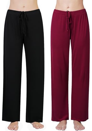 Ymmchy Women's Pajama Pants Soft Pyjama Bottoms Lounge Trousers Sleep Pants with Pockets 2-Pack Black/Wine Red S
