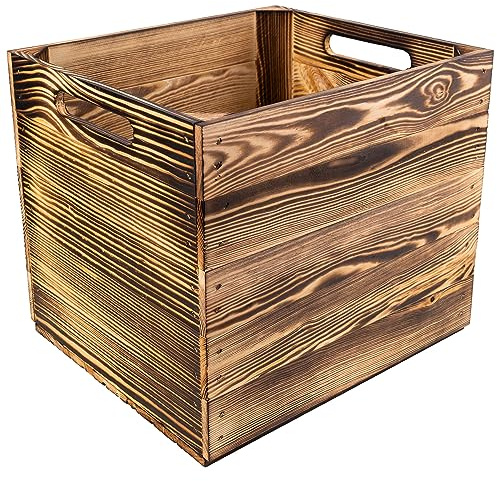 Creative Deco 4 x Flamed Large Wooden Storage Box | 33x37x33cm | Suitable | for Kallax Shelves | Natural Brown Colour | Comfortable Handles | Vintage Keepsake Chest Wooden Gift Box | Wooden Organiser