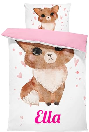Pictogogo Personalisierte Baby Bettwäsche Mit Fuchs, Wählbare Unterfarbe aus Baumwolle, Kinderbettwäsche Mit Namen, Babybett Komplett Set Mit Reißverschluss