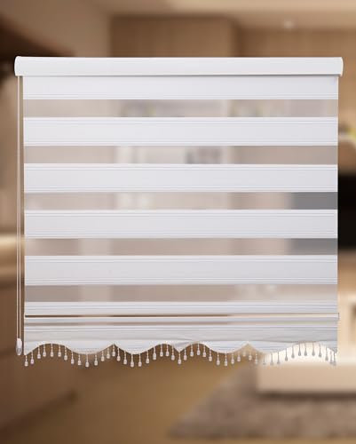 PlisseeOnline Double Roller Blind with Aluminium Cassette and Vine Pattern and Beads Width: 100 cm Height: 200 cm Opaque Ceiling Mounting Free-Hanging Ceiling Mounting with Clips Roman Blind Cassette