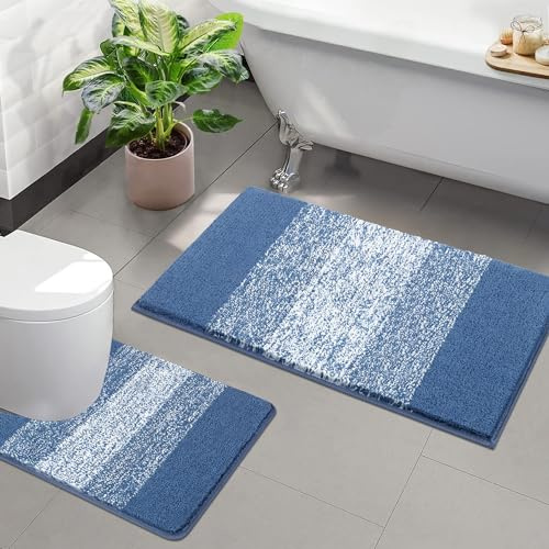 Enyhom Juego de 2 Alfombrillas de baño de Pelo Largo y Suave, Lavables a máquina, Antideslizantes, Color Azul, 50 x 80 + 50 x 60 cm