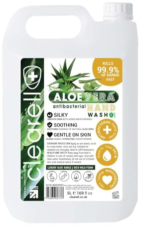Clearell ALOE VERA 5L Hand Soap Liquid Wash 5 Litres Refill, Antibacterial Fragranced Hydrating Skin & Body Wash Gel for Soft and Sensitive Skin Care - 100% Vegan & Cruelty Free