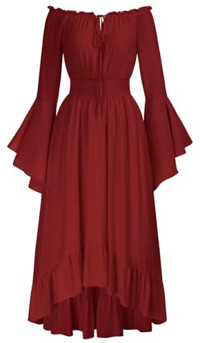 SCARLET DARKNESS Women Medieval Dress Off Shoulder Renaissance Dress Long Sleeve High-Lo Dresses for Halloween Party Wine Red L