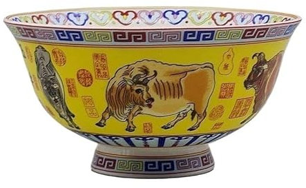 OTENG Porzellan im Hofstil 5 Zoll Pastell-Porzellanschale, Porzellan-Reisschale im chinesischen antiken Palaststil, pastellgelbe Fünf-Ochsen-Figur, die Reichtum und Schätze rekrutiert,