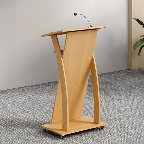 Xibolai Mobile Wooden Podium Stand with Wheels Lectern Oak Color 16MM Wood Board Elegant Design Wooden Pulpit for Churches Seminars and Schools