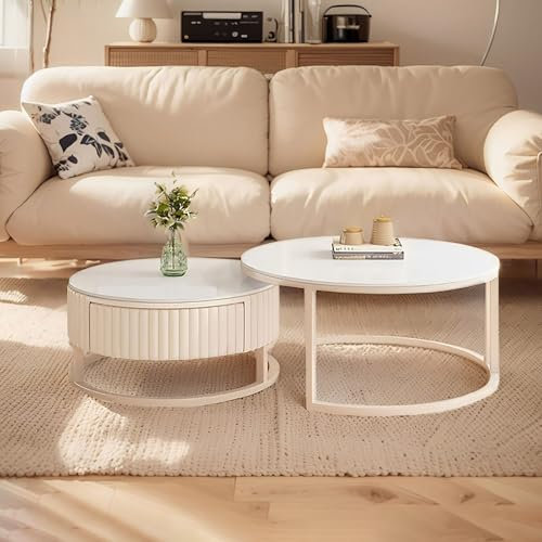 Rund Couchtisch Weiss Mit Stauraum 2er Set Marmor Couchtisch Weiß Moderner Stil Versenkbarer Couch Tisch Mit Mit Schublade Und MetallrahmenIndustrie Kleiner Tisch Für Wohnzimmer Schlafzimmer