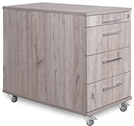 Eigentlich Rollcontainer 80 cm tief, 3 Schubladen und Materialauszug, Rollschrank B43xT80xH65 cm abschließbar, Schreibtischunterschrank versch. Farben (Eiche modern)