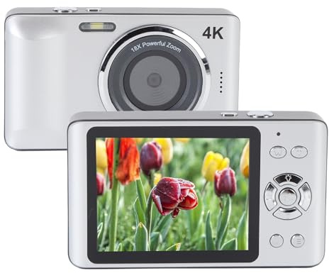 Digitalkamera, 4K 64MP Kompaktkamera, autofokuspunkt- och Fotograferingskamera med 18X Digital Zoom, 2,8 Tums Resevideokamera för Fotografering (Silver)