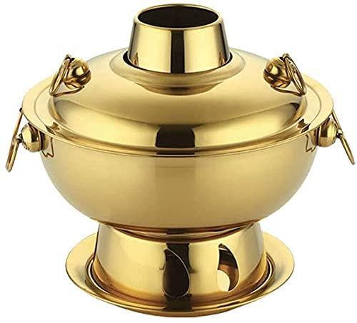 fondue， Olla caliente tradicional china, olla caliente mongol, olla caliente de cobre puro, caldera de fuego pequeña de carbón de acero inoxidable(Gold)